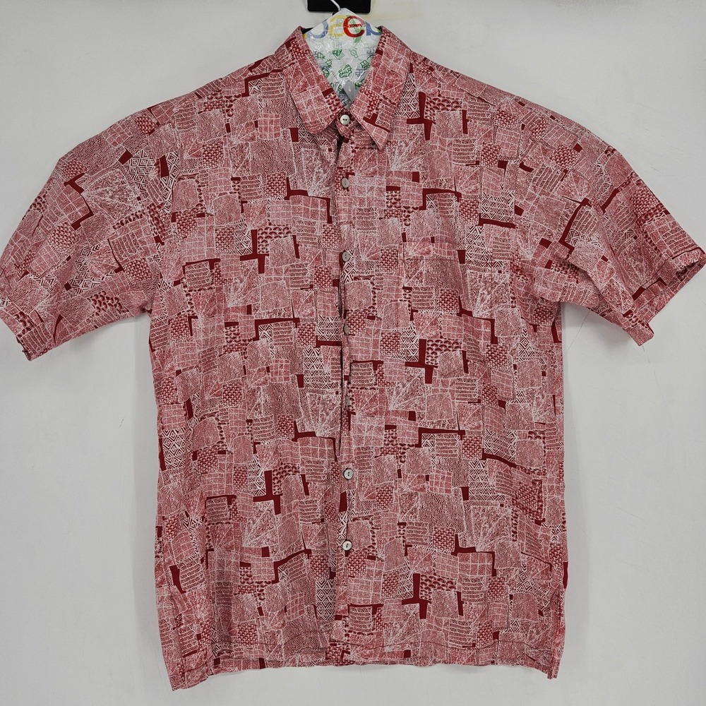 Tori Richard Shirt Mens Medium Aloha Geometric Red Short‎ Sleeve Casual Tribal